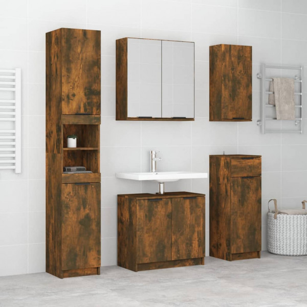 Set muebles de baño 5 piezas madera contrachapada roble ahumado D