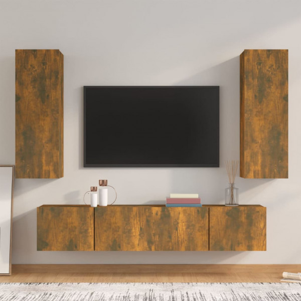 Set de muebles de TV 4 pzas madera contrachapada roble ahumado Set de muebles de TV 4 pzas madera contrachapada roble ahumado D