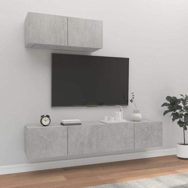Conjunto de móveis de TV 3 peças de madeira compensada cinza concreto D