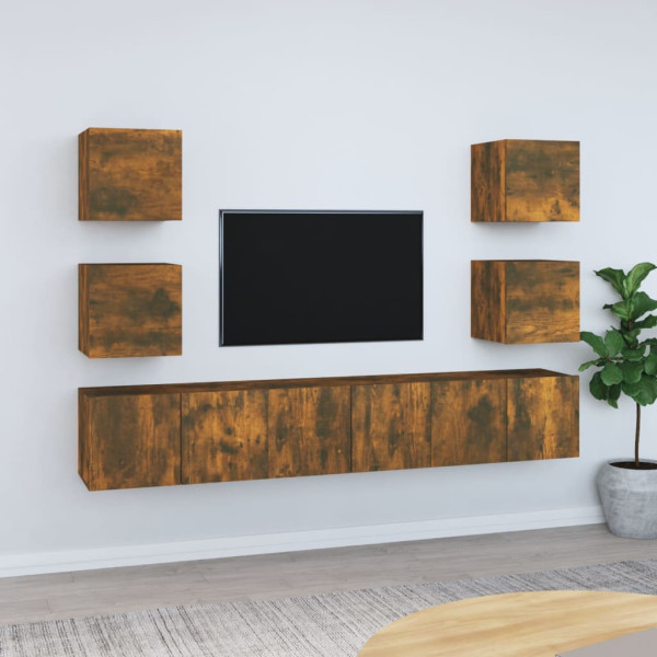 Set de muebles de TV 7 pzas madera contrachapada roble ahumado Set de muebles de TV 7 pzas madera contrachapada roble ahumado D