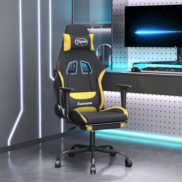 Cadeira de massagem gaming com suporte de pés de tecido preto e amarelo D