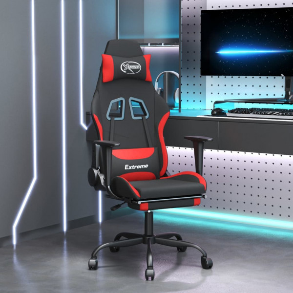 Cadeira de jogos com apoio de pés de tecido preto e vermelho D
