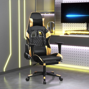 Cadeira gamer com apoio para pés em couro sintético preto dourado D