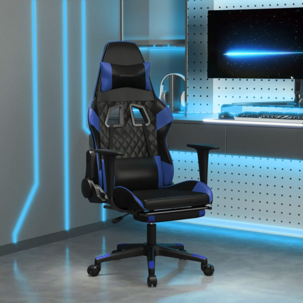 Silla gaming de masaje y reposapiés cuero sintético negro azul D