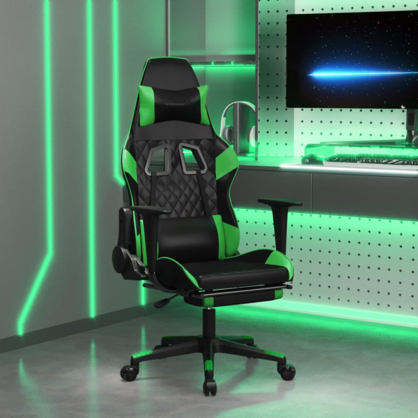 Cadeira gamer com massagem e apoio para pés em couro sintético preto verde D