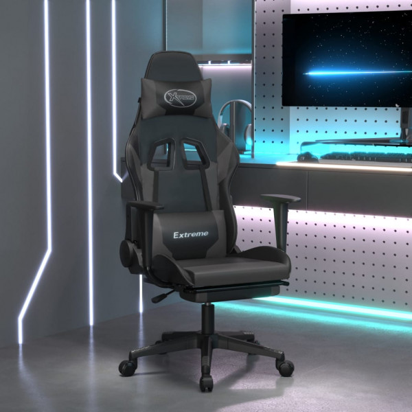 Silla gaming con reposapiés cuero sintético negro gris D