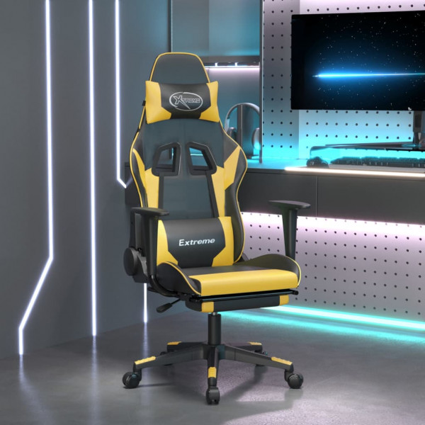 Silla gaming masaje y reposapiés cuero sintético negro dorado D