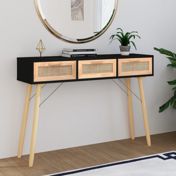 Mesa consola em madeira maciça de pinho preto rattan natural 105x30x75cm D