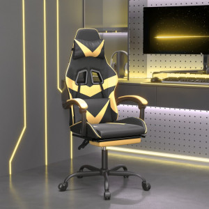 Silla gaming giratoria reposapiés cuero sintético negro dorado D