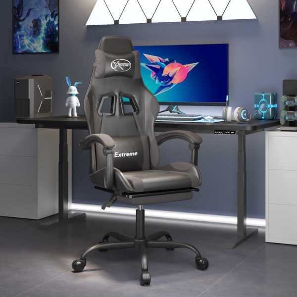 Silla gaming con reposapiés cuero sintético negro gris D