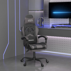 Silla gaming giratoria y reposapiés cuero sintético negro gris D