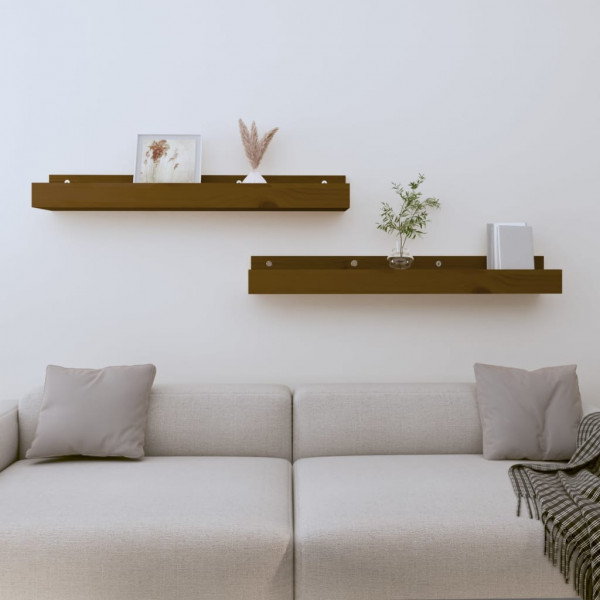 2 estantes de parede de madeira de pinho marrom mel 80x12x9 cm D