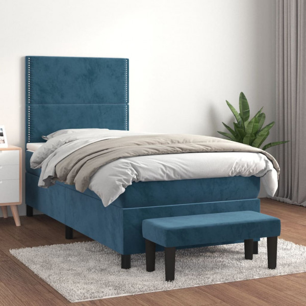 Cama box spring con colchón terciopelo azul oscuro 100x200 cm D