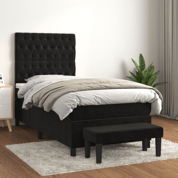 Cama box spring con colchón cuero sintético negro 90x190 cm D