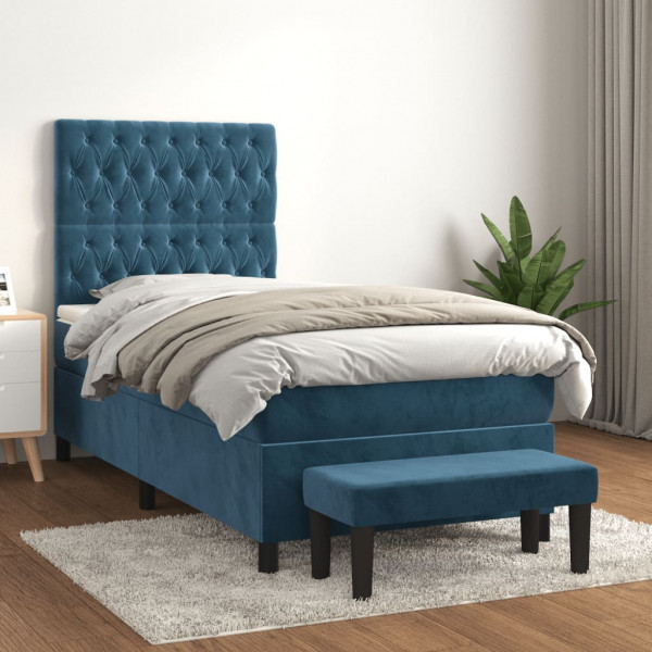 Cama box spring con colchón terciopelo azul oscuro 100x200 cm D