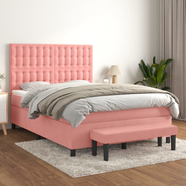 Cama box spring con colchón terciopelo rosa 140x190 cm D