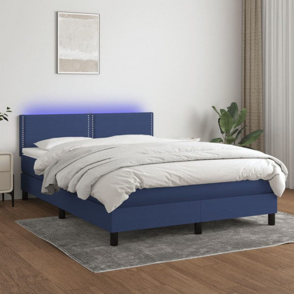 Cama box spring colchón y luces LED tela azul 140x200 cm D