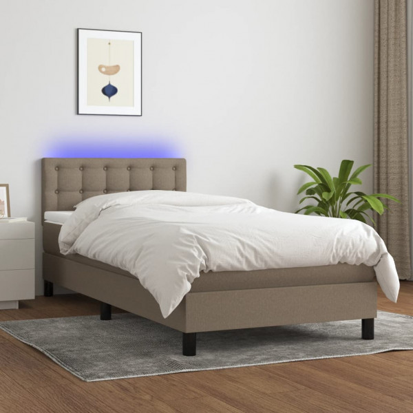 Cama box spring com colchão e luzes LED tecido cinza taupe 100x200 cm D