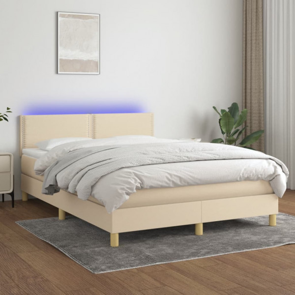 Cama box spring com colchão e LED tecido creme 140x200 cm D