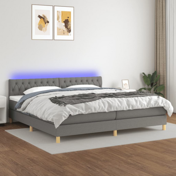 Cama box spring con colchón y LED tela gris oscuro 200x200 cm D