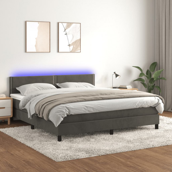 Cama box spring colchão e LED veludo cinza escuro 160x200 cm D