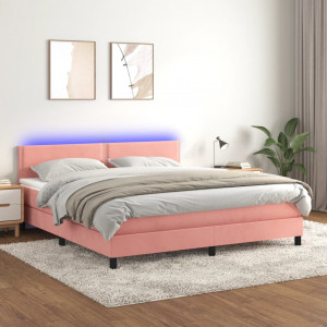 Cama box spring colchón y LED terciopelo rosa 160x200 cm D