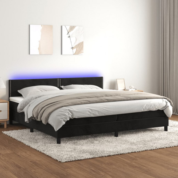 Cama box spring colchón y LED terciopelo negro 200x200 cm D