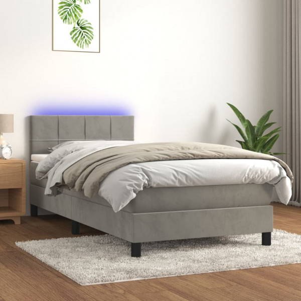 Cama box spring com colchão e veludo LED cinza claro 90x200 cm D