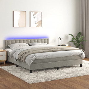 Cama box spring colchón y LED terciopelo gris claro 160x200 cm D
