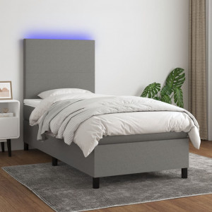 Cama box spring colchón y luces LED tela gris oscuro 90x200 cm D