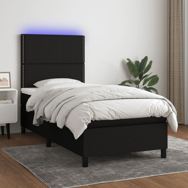Cama box spring colchão e luzes LED tecido preto 90x200 cm D
