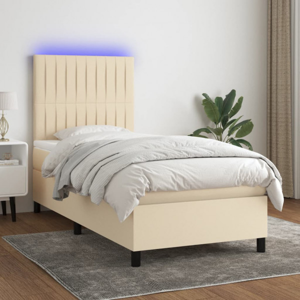 Cama box spring colchón y luces LED tela crema 80x200 cm D