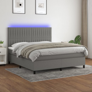 Cama box spring colchón y luces LED tela gris oscuro 180x200 cm D