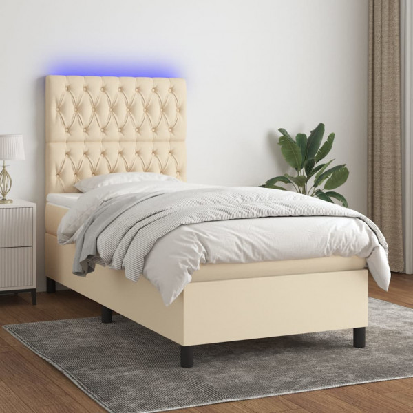 Cama box spring colchón y luces LED tela crema 80x200 cm D