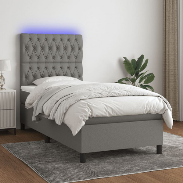 Cama box spring colchão e luzes LED tecido cinza escuro 90x200 cm D