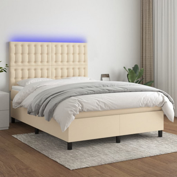 Cama box spring colchón y luces LED tela crema 140x190 cm D
