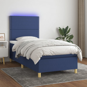 Cama box spring colchón y luces LED tela azul 90x200 cm D
