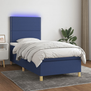 Cama box spring colchón y luces LED tela azul 100x200 cm D
