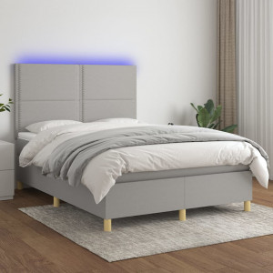 Cama box spring colchón y luces LED tela gris claro 140x200 cm D