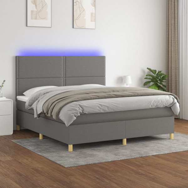 Cama box spring colchão e luzes LED tecido cinza escuro 160x200 cm D
