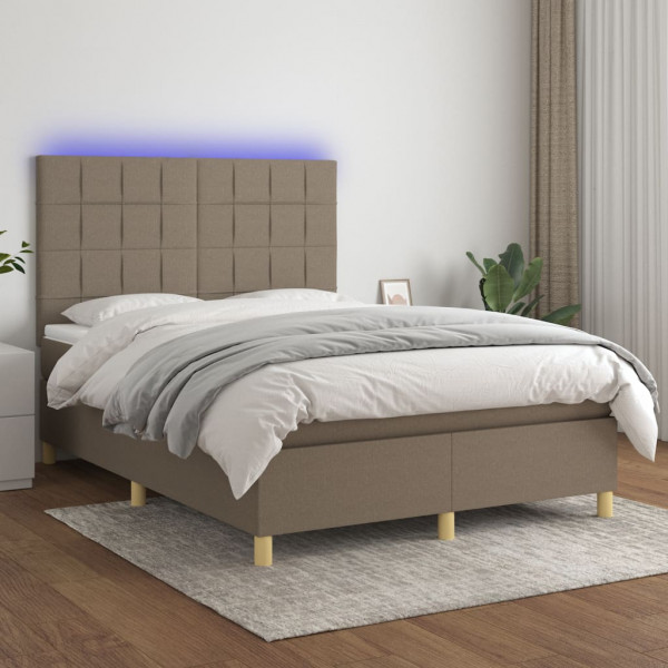 Cama box spring com colchão e luzes LED tecido cinza taupe 140x200 cm D