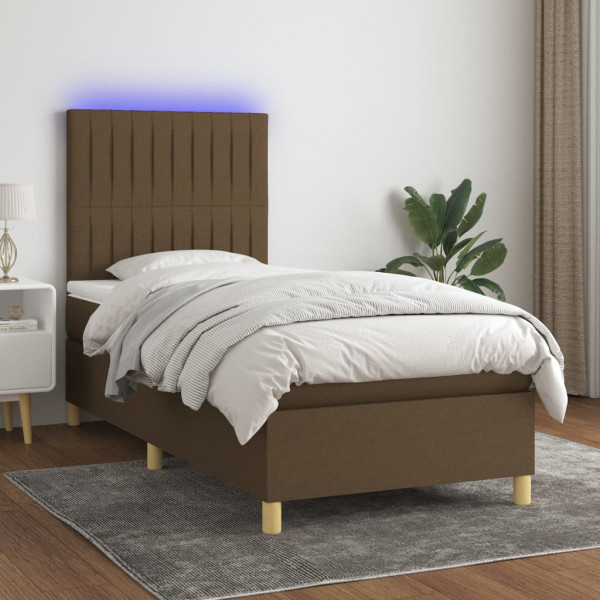 Cama box spring colchón y luces LED tela marrón oscuro 90x200cm D