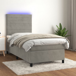 Cama box spring colchón y LED terciopelo gris claro 100x200 cm D
