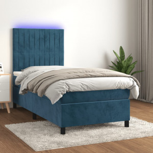 Cama box spring colchón y LED terciopelo azul oscuro 80x200 cm D