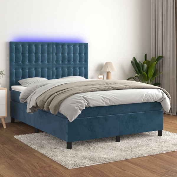 Cama box spring com colchão e veludo LED azul escuro 140x200 cm D