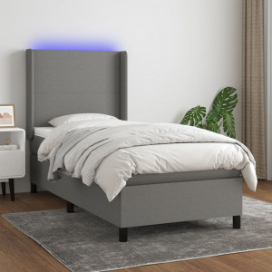 Cama box spring colchón y luces LED tela gris oscuro 80x200 cm D