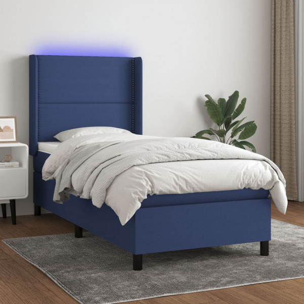 Cama box spring colchão e luzes LED tecido azul 90x190 cm D