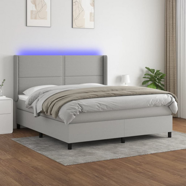 Cama box spring colchão e luzes LED tecido cinza claro 160x200 cm D