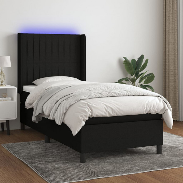 Cama box spring colchão e luzes LED tecido preto 100x200 cm D