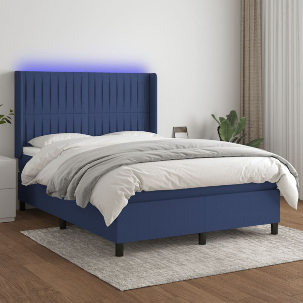 Cama box spring colchão e luzes LED tecido azul 140x190 cm D